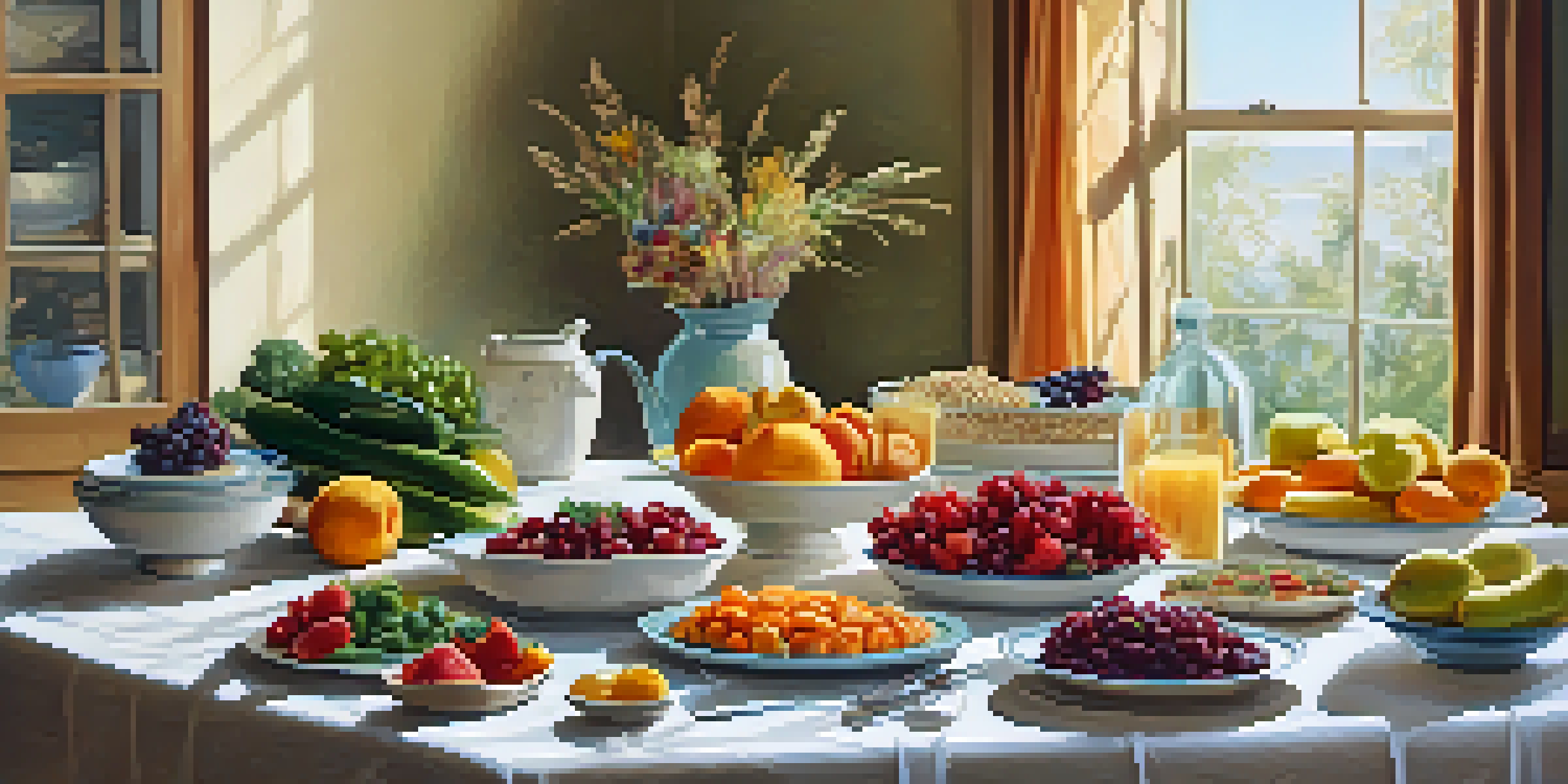 A table set with a variety of colorful fruits, vegetables, and allergen-free dishes, illuminated by natural light.