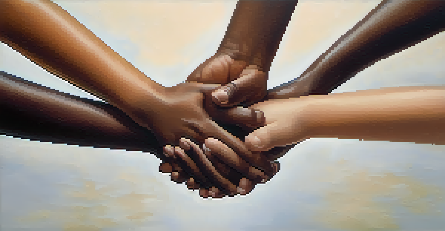 A close-up of diverse hands coming together in unity, symbolizing support and connection among group members.