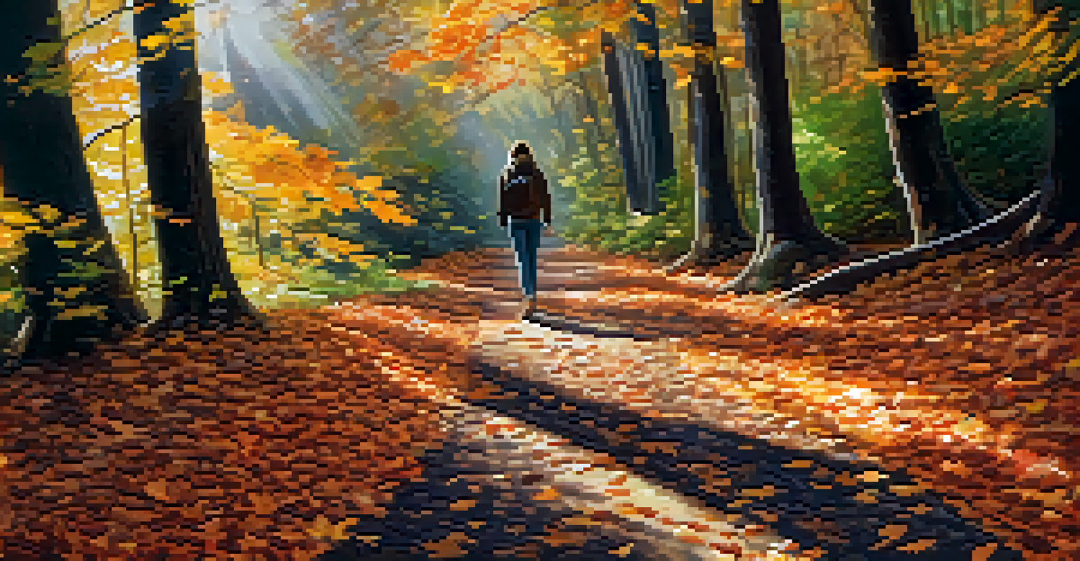 A close-up of feet walking on a forest trail covered in leaves, with sunlight filtering through the trees.