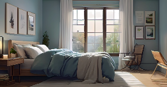 A peaceful bedroom with soft lighting, a comfortable bed, blackout curtains, and a cozy reading corner.