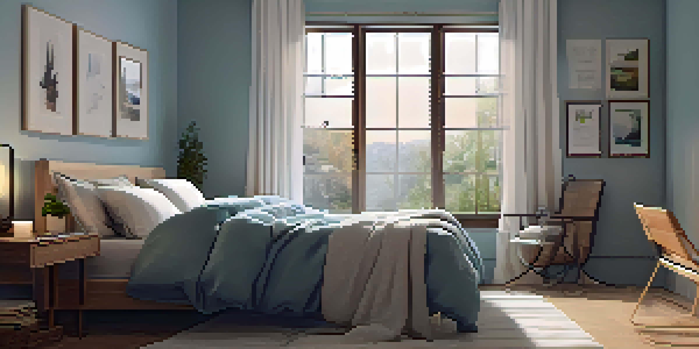 A peaceful bedroom with soft lighting, a comfortable bed, blackout curtains, and a cozy reading corner.