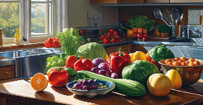 A bright kitchen with fresh vegetables and fruits on a countertop, an open cookbook, and sunlight casting shadows.