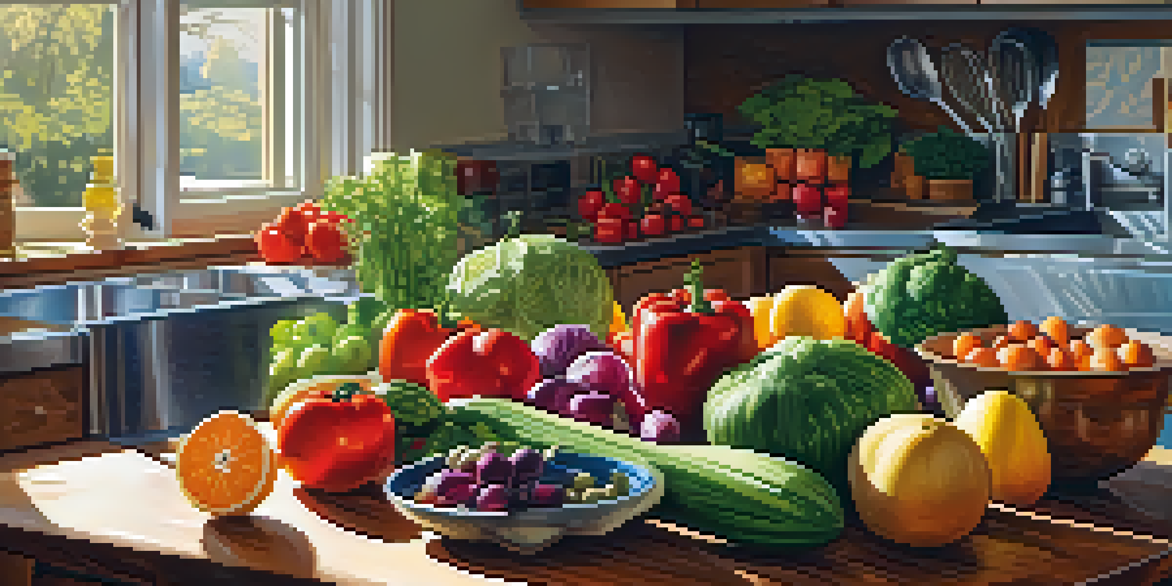 A bright kitchen with fresh vegetables and fruits on a countertop, an open cookbook, and sunlight casting shadows.