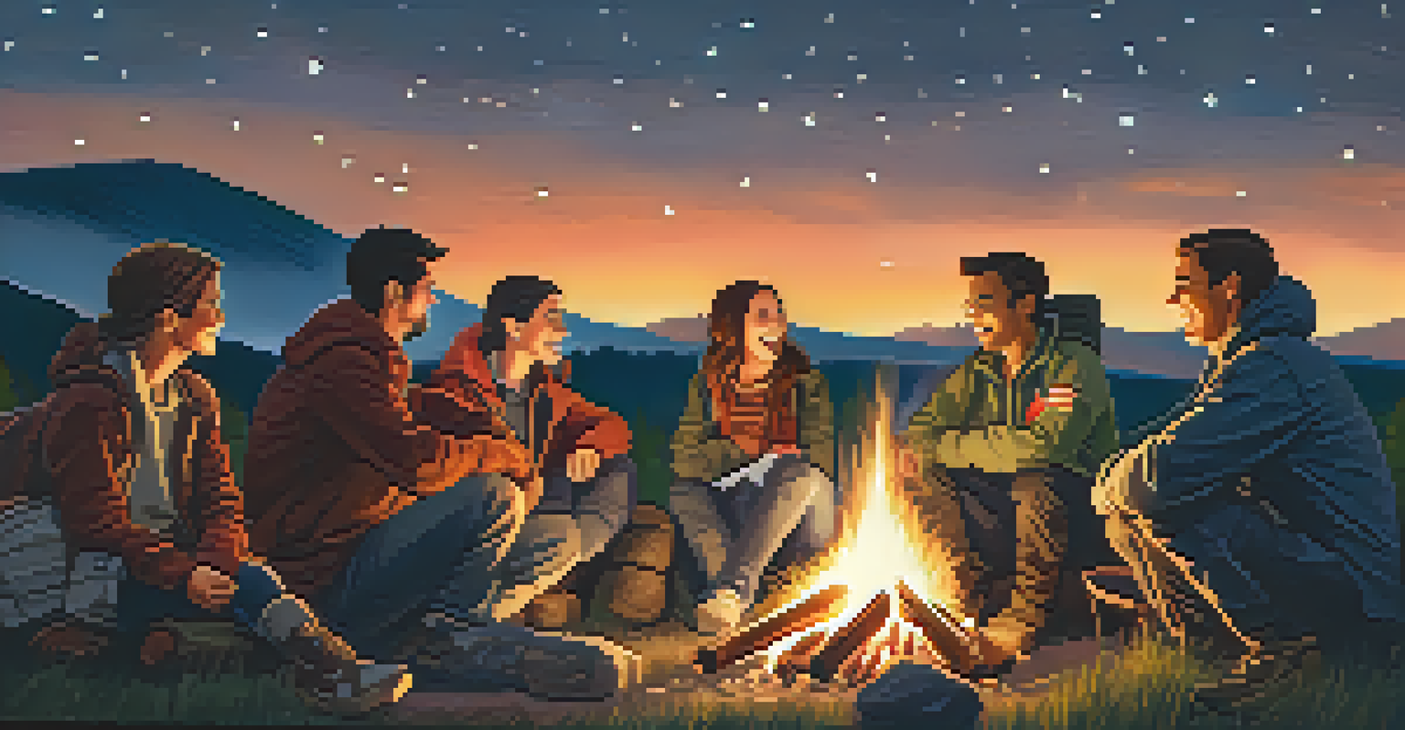A group of friends sitting around a campfire at dusk, enjoying each other's company under a starry sky.