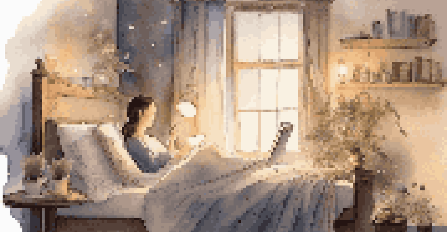 A person engaging in a calming bedtime routine, reading a book in a softly lit room with a cup of tea and cozy blanket.