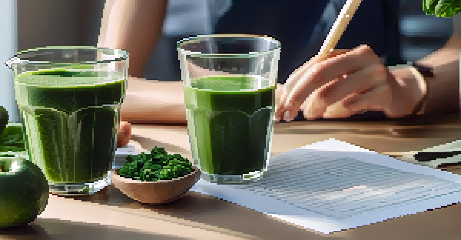 A close-up of hands holding a blood test report and a green smoothie, with a background of whole foods and a digital tablet showcasing a nutrition plan.