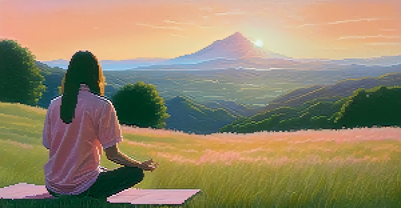 A person meditating on a grassy hill during sunset, with mountains in the background.