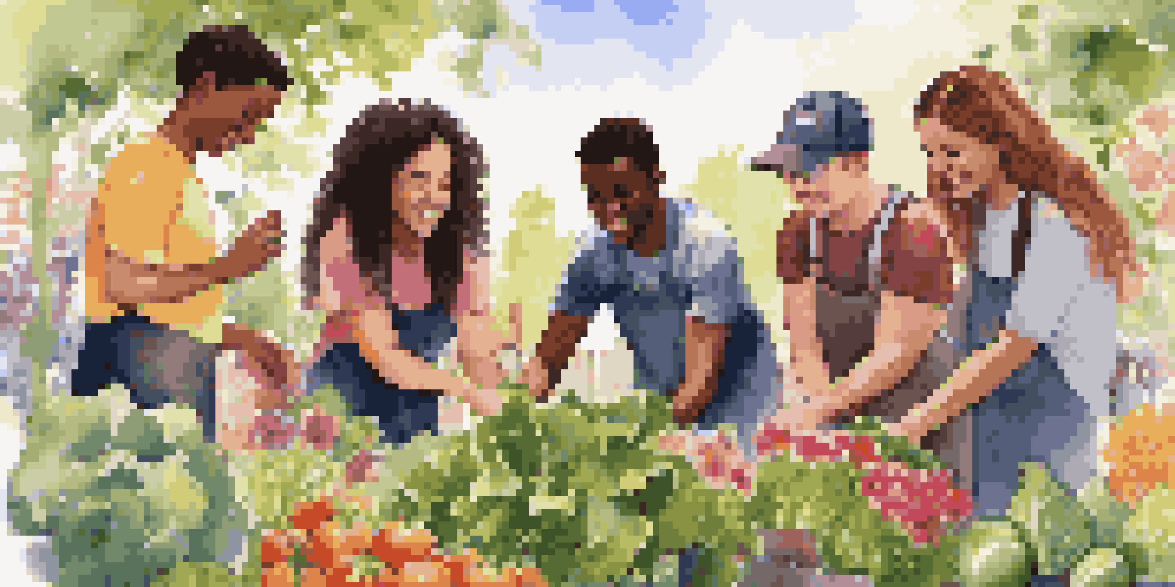 A diverse group of young people working together in a community garden, smiling and planting flowers and vegetables under sunny skies.