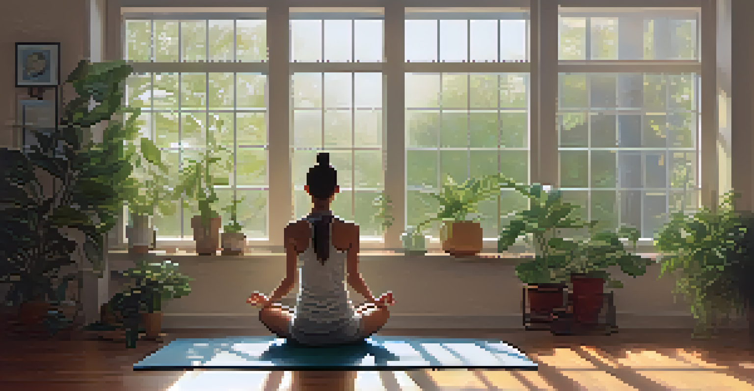 A student practicing yoga in a calm indoor setting with soft morning light and plants, showcasing mindfulness for mental health.