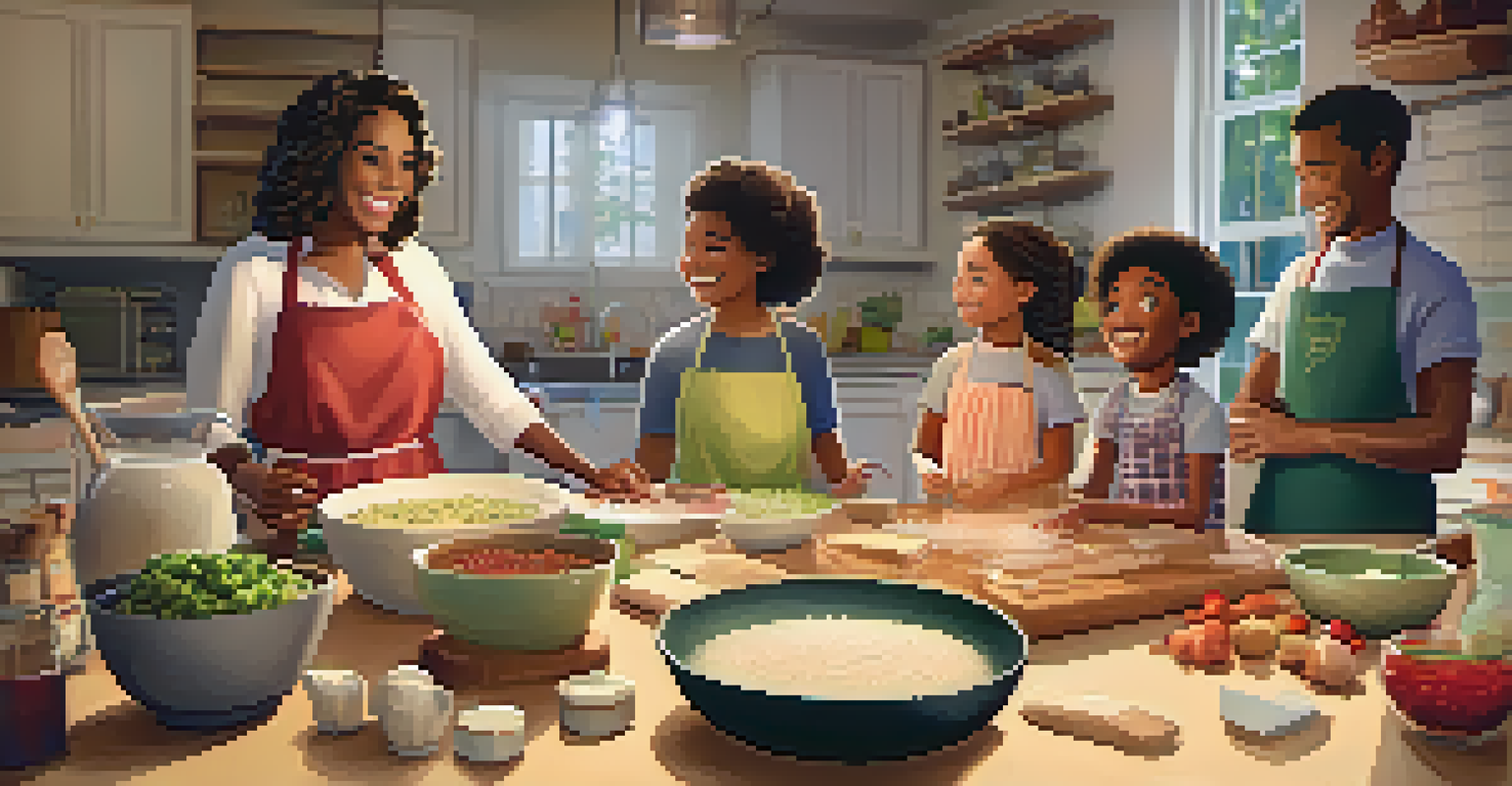 A family cooking together in a cozy kitchen, engaged in a fun cooking challenge with ingredients displayed.