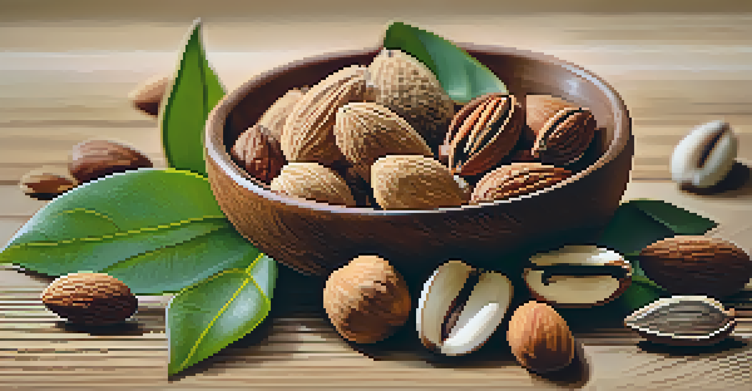A close-up of various nuts and seeds on a wooden surface, with leafy greens in the background.