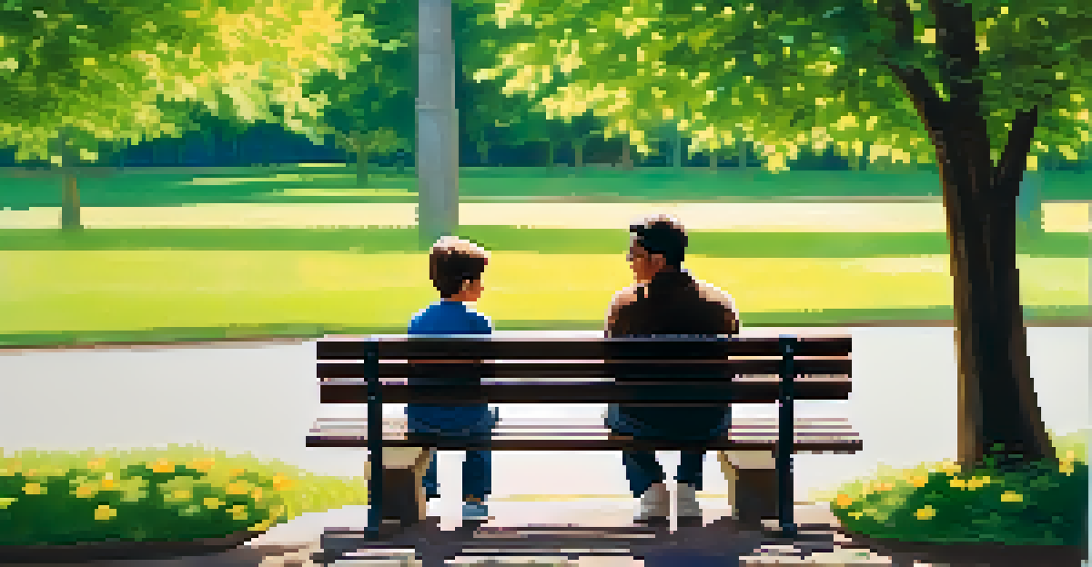 A parent and child sitting on a park bench, talking together in a peaceful park setting.