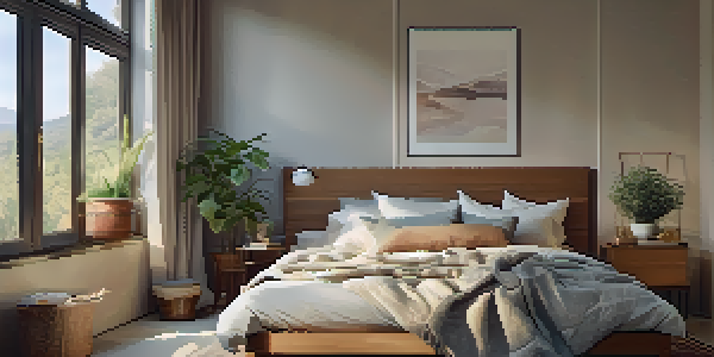 A calm and cozy bedroom with a neatly made bed and warm lighting, promoting a restful sleep environment.