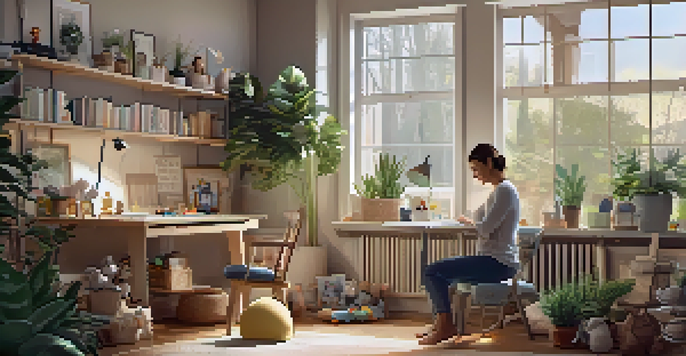 A new parent in a home office, working on a laptop with baby toys around and a sleeping baby in a crib, bathed in soft natural light.