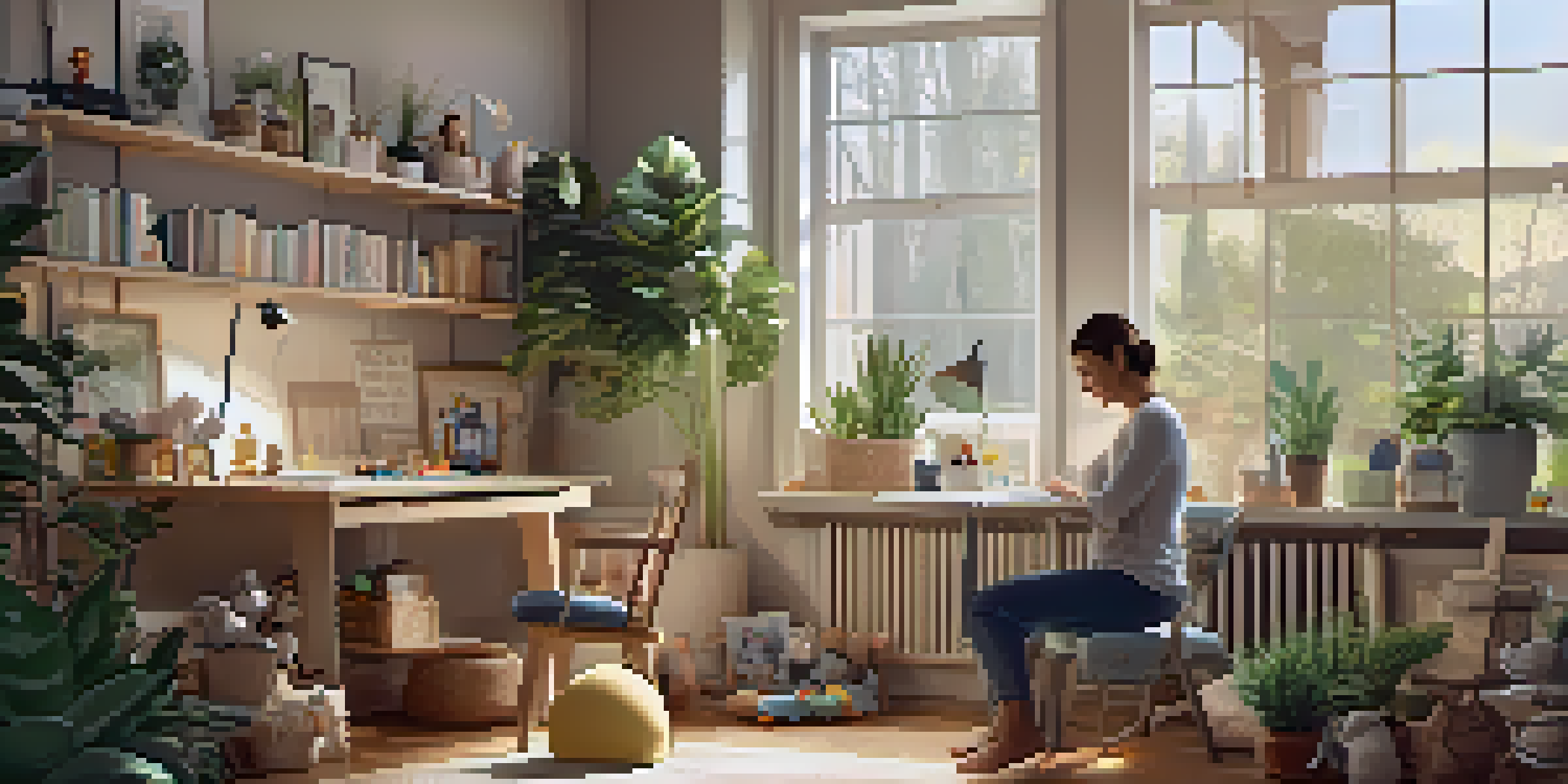 A new parent in a home office, working on a laptop with baby toys around and a sleeping baby in a crib, bathed in soft natural light.