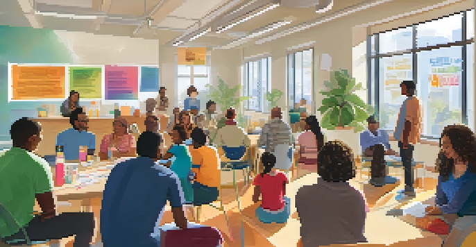 A diverse group of individuals sharing experiences in a supportive community setting for chronic disease management, with colorful health awareness posters on the walls.