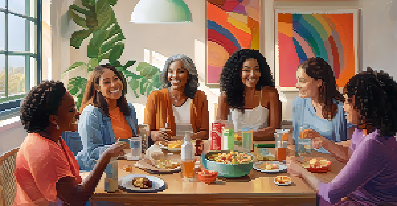 A diverse group of women sitting in a circle, smiling and sharing stories in a bright room, with snacks and drinks on a table.