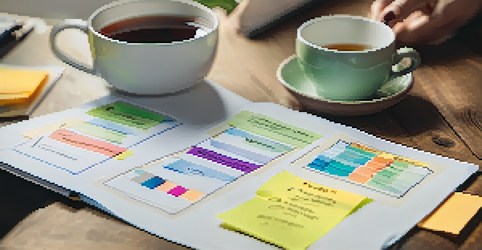 A close-up of a coach and client working together on a goal-setting chart with colorful notes and a warm cup of tea.