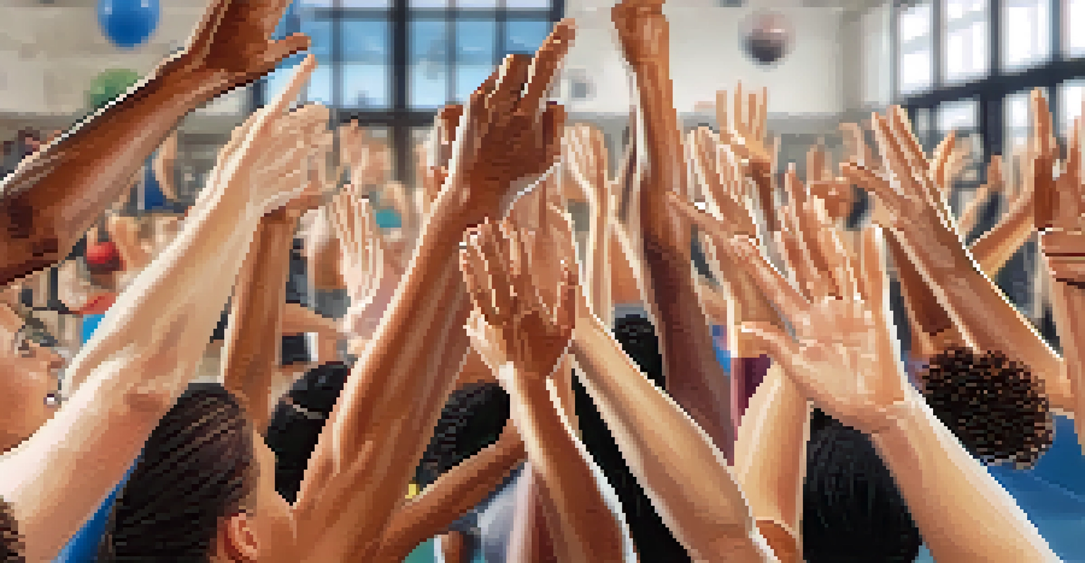 A close-up of hands high-fiving, symbolizing teamwork and accomplishment after a successful workout, with a gym in the background.