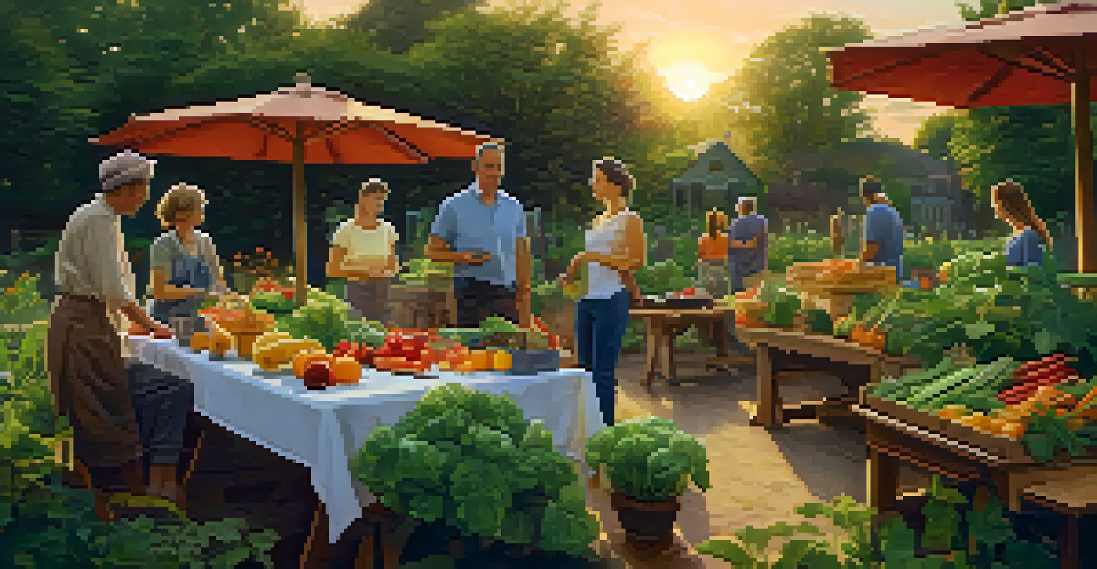A tranquil evening in a community garden with a table of fresh produce surrounded by greenery.