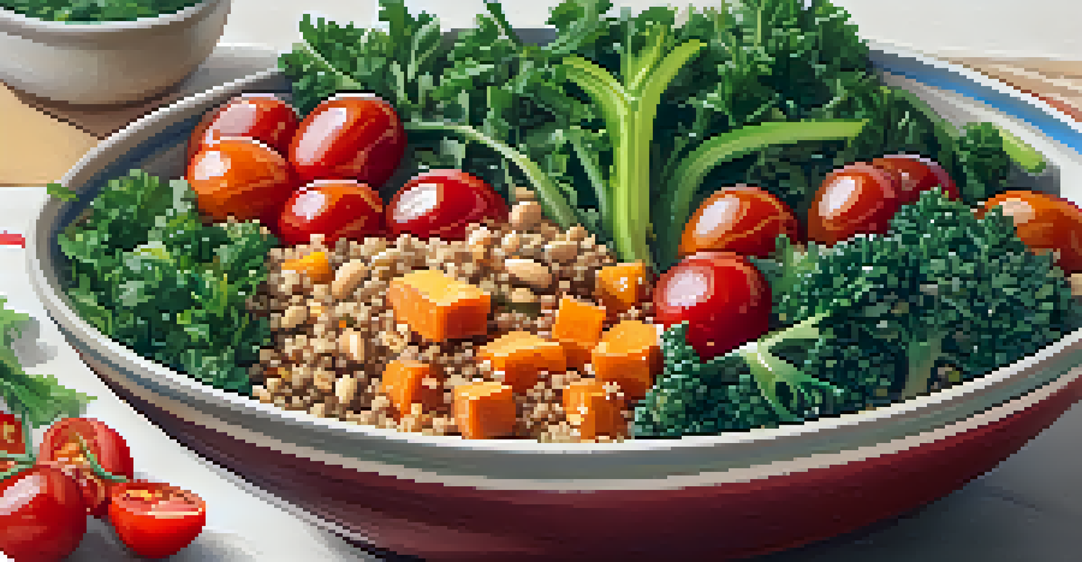 A colorful lunch bowl with quinoa, kale, sweet potatoes, and cherry tomatoes, surrounded by fresh vegetables.