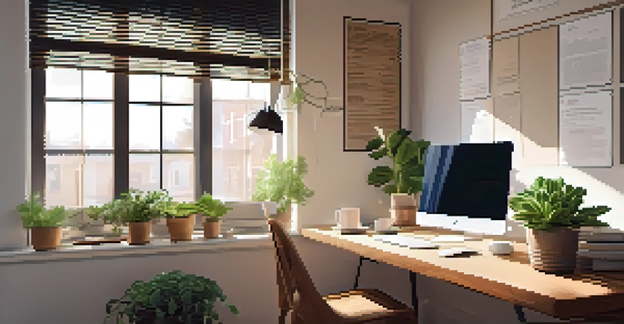 A calm and organized workspace with a laptop, a plant, and a cup of tea bathed in warm natural light.