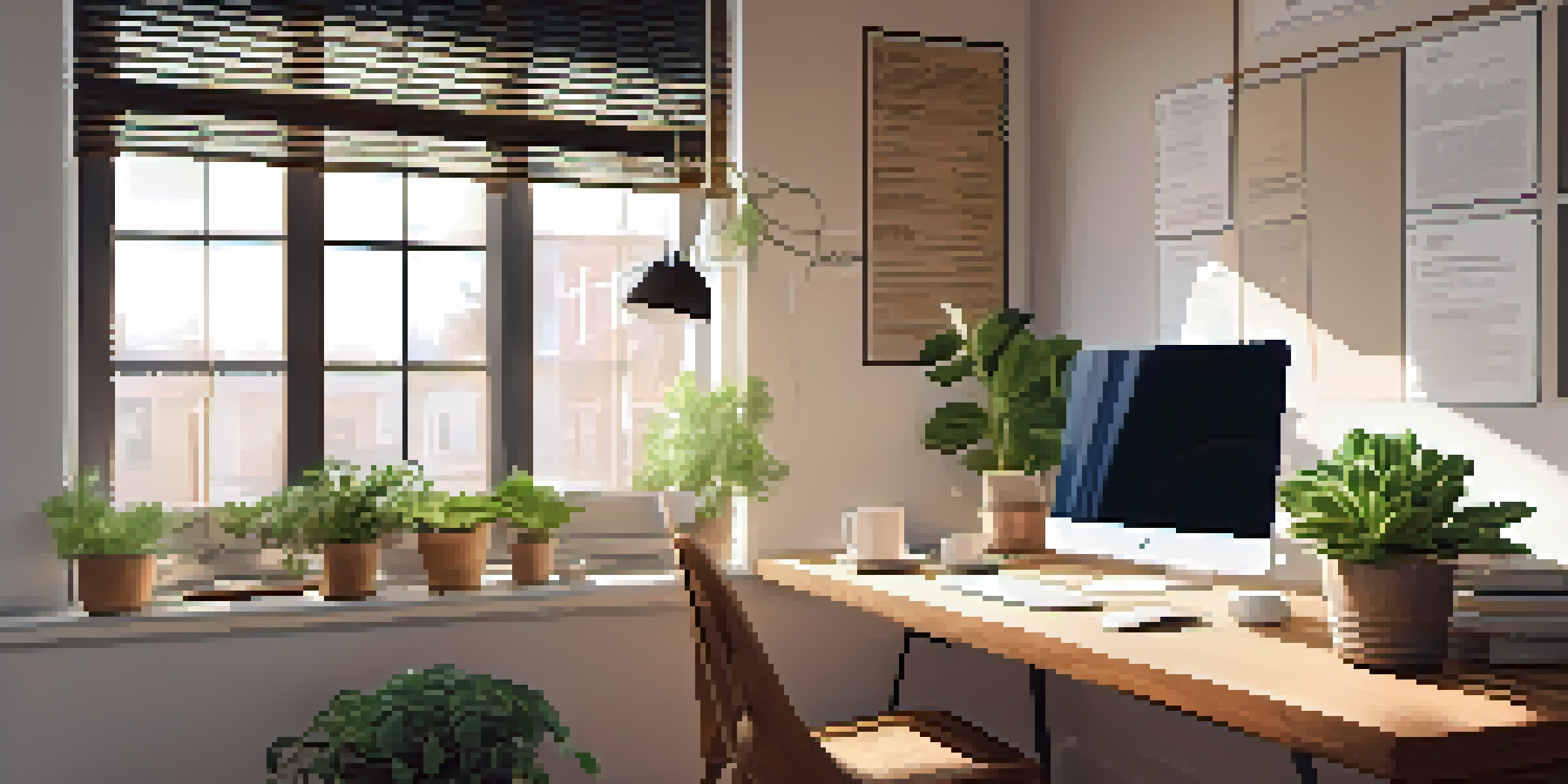 A calm and organized workspace with a laptop, a plant, and a cup of tea bathed in warm natural light.