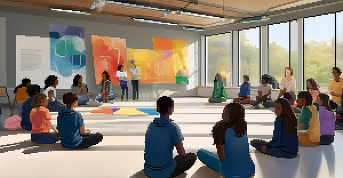 A group of diverse students participating in a mental health awareness workshop in a well-lit school classroom, with colorful posters on the walls and a supportive atmosphere.