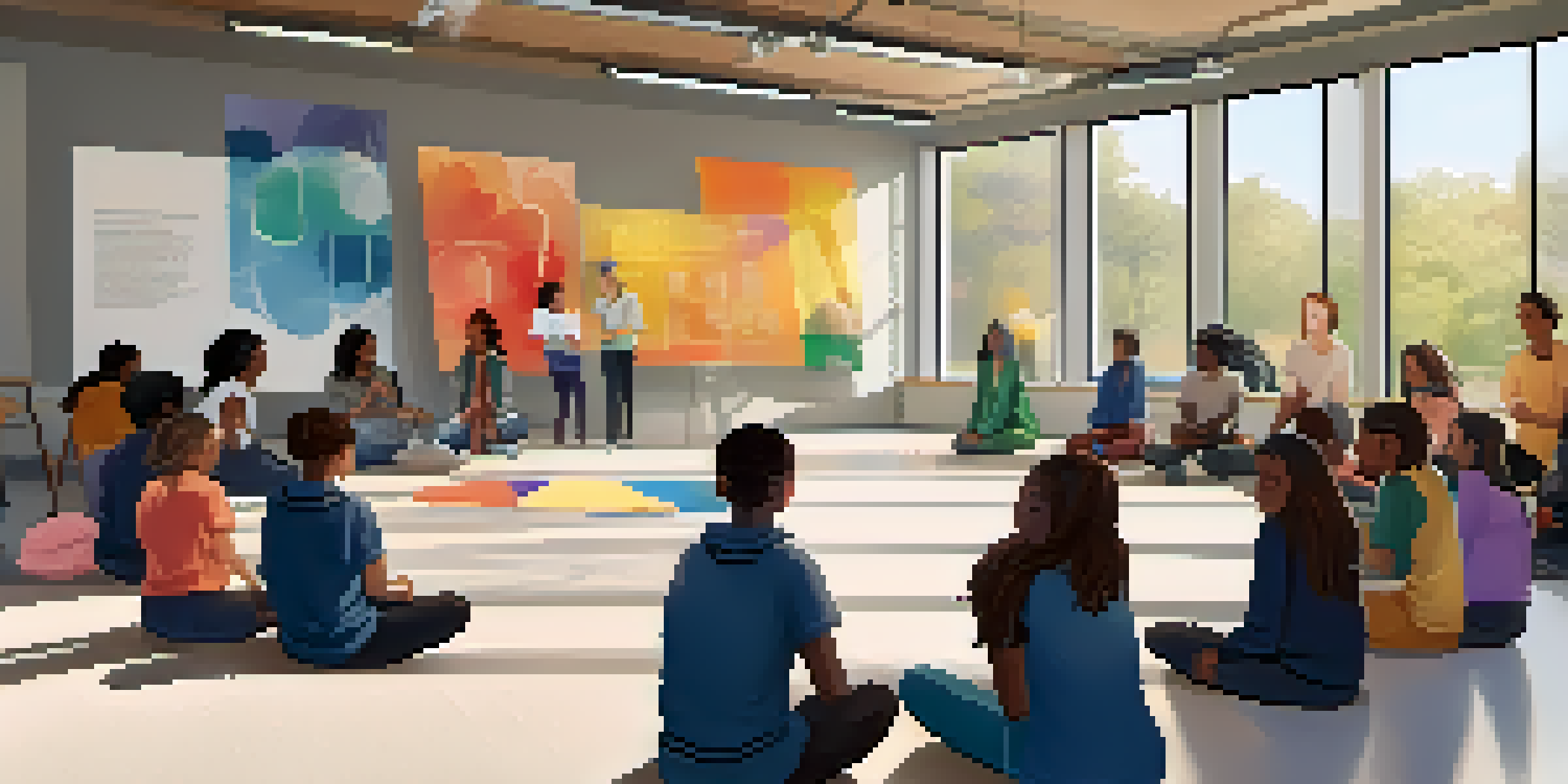A group of diverse students participating in a mental health awareness workshop in a well-lit school classroom, with colorful posters on the walls and a supportive atmosphere.