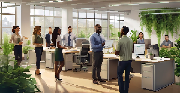 A diverse team in a bright office, engaged in a positive feedback session with a manager praising an employee, warm colors and plants in the background.