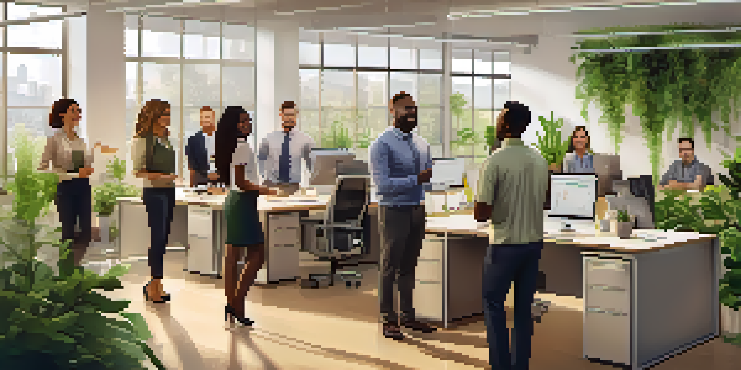 A diverse team in a bright office, engaged in a positive feedback session with a manager praising an employee, warm colors and plants in the background.