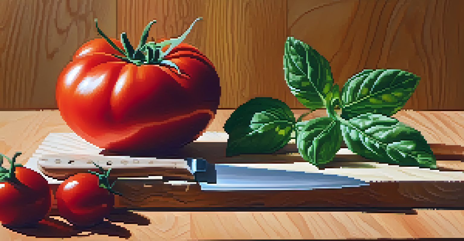 A close-up of a sliced ripe tomato on a cutting board, surrounded by fresh basil, showcasing vibrant colors and textures.