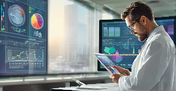 A healthcare professional in a lab coat analyzing data on a tablet in a bright hospital office with charts on the wall.