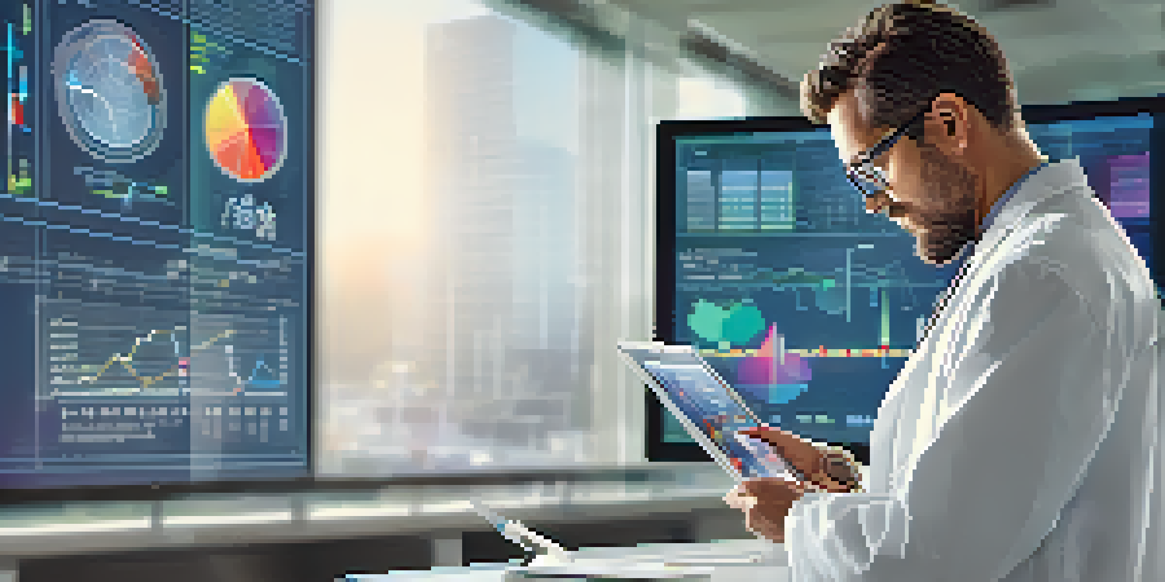 A healthcare professional in a lab coat analyzing data on a tablet in a bright hospital office with charts on the wall.