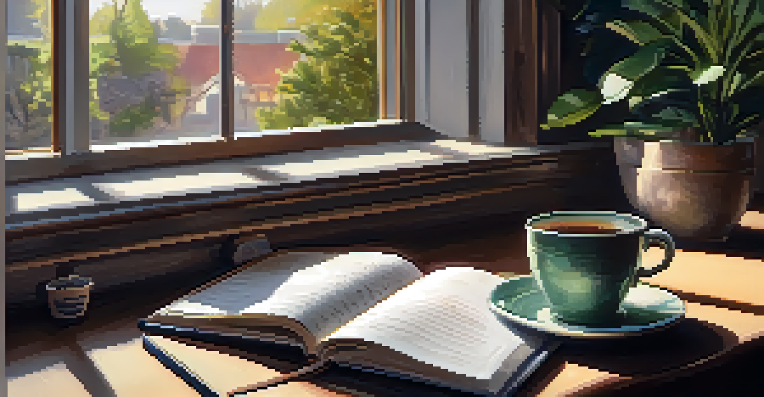 An individual writing in a journal at a wooden desk by a window, with a cup of tea and a small plant nearby.