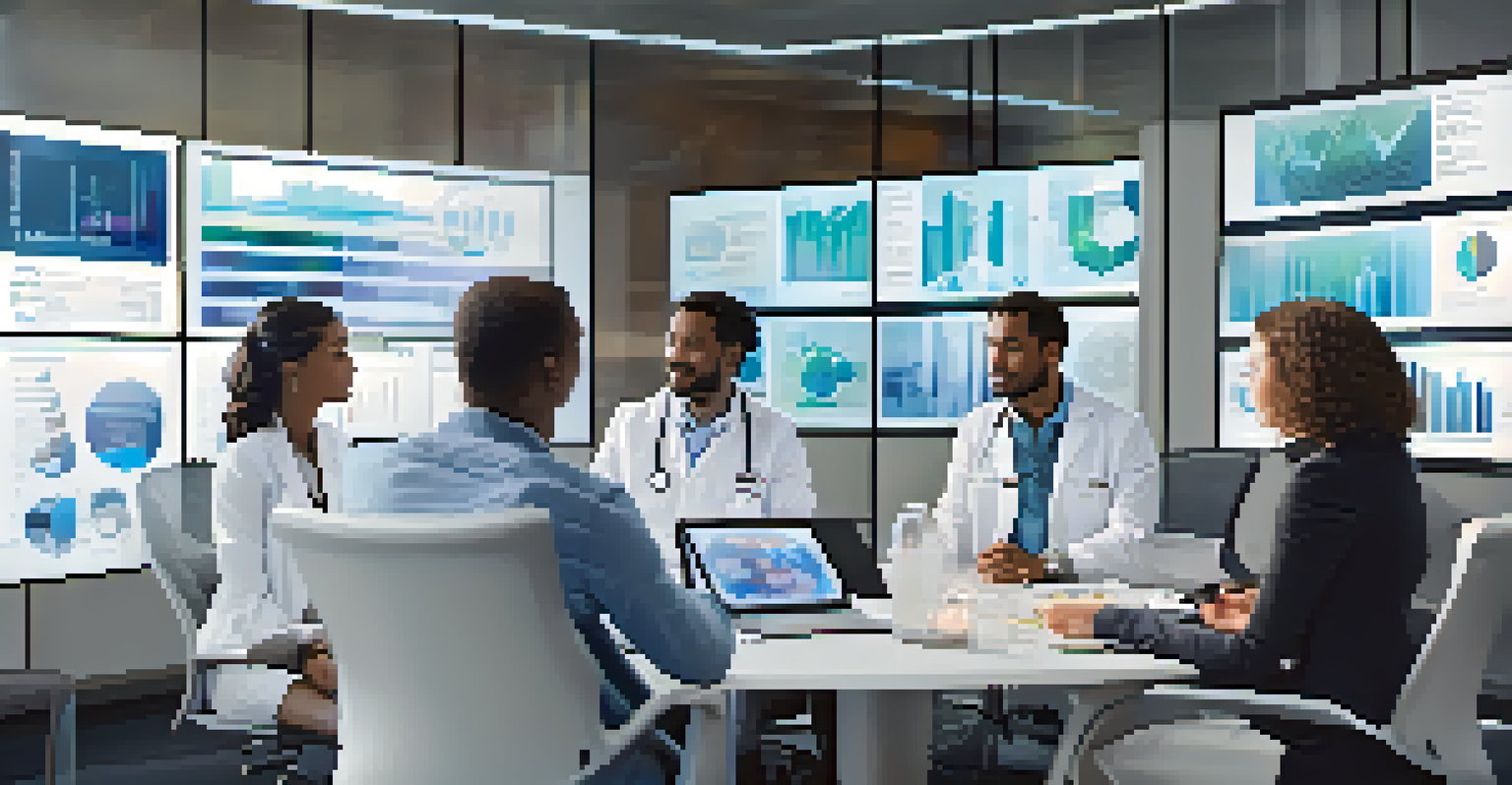 A diverse team of healthcare professionals collaborating in a conference room, focused on health data analytics displayed on digital screens.