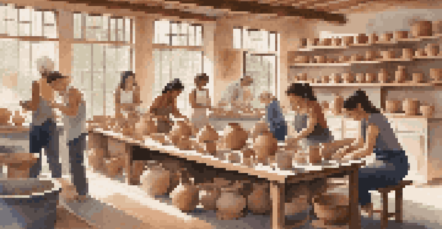 A diverse group of people working on pottery in a well-lit studio, showcasing creativity and community.