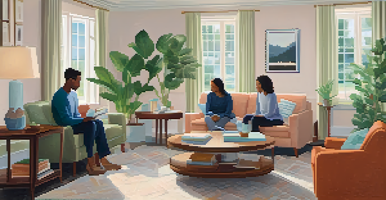 A family discussing mental health in a cozy living room, with books and resources on the table, and an atmosphere of support.