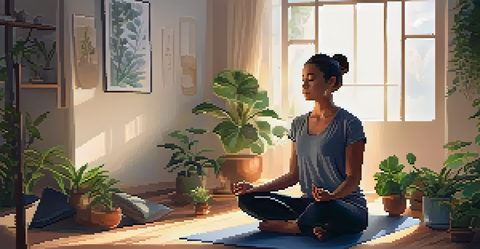 A person practicing mindfulness on a yoga mat surrounded by cushions and plants, creating a calm and relaxing atmosphere.