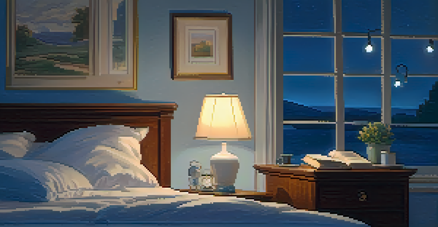 A serene nighttime scene with a bedside table holding a book and a small lamp, a comfortable bed with pillows, and soft blue walls, creating a calming atmosphere.