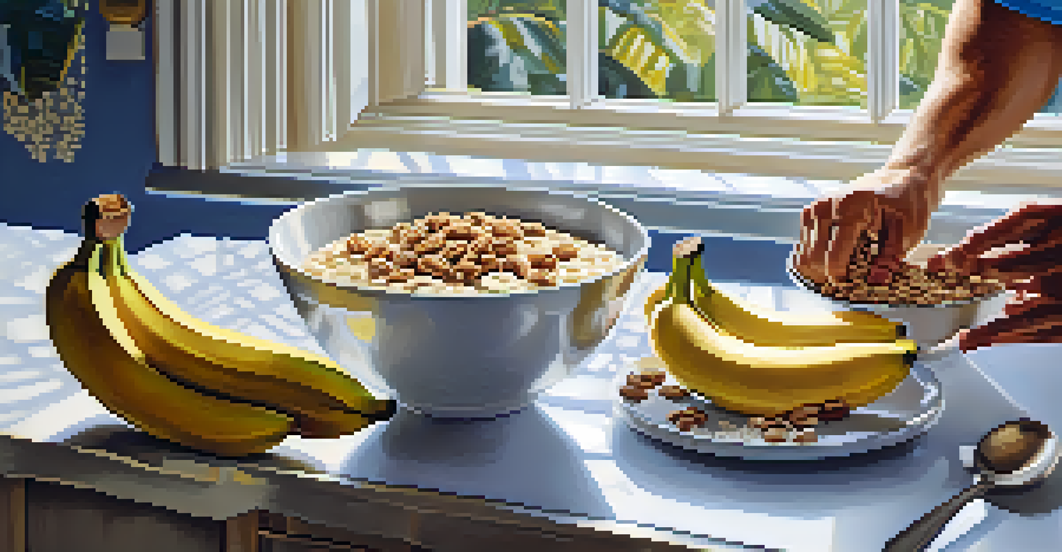 An athlete preparing oatmeal with bananas and walnuts in a bright kitchen, showcasing a healthy breakfast setup.