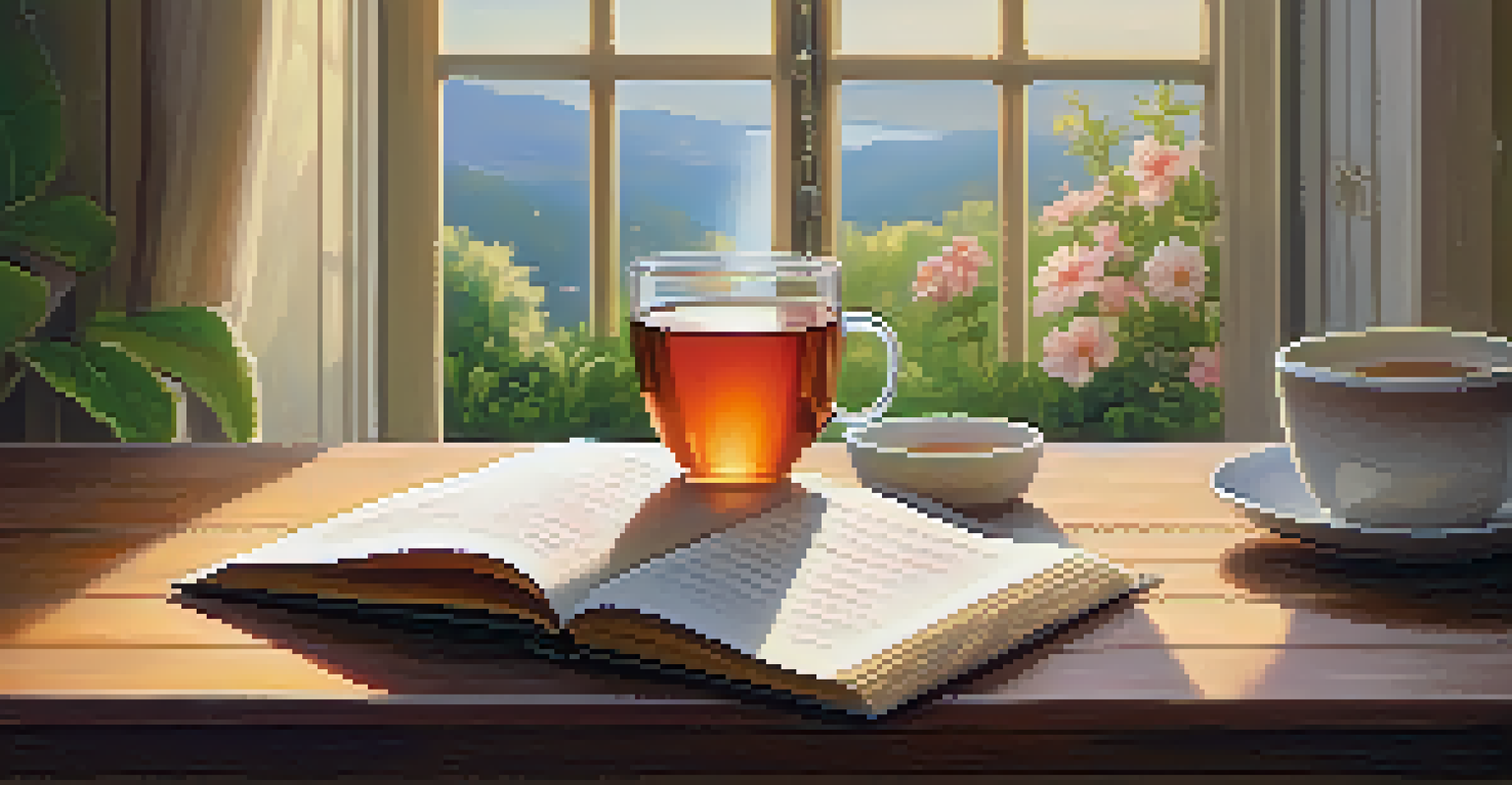 A cup of herbal tea and an open book on a wooden table in a softly lit room with a view of a tranquil garden.