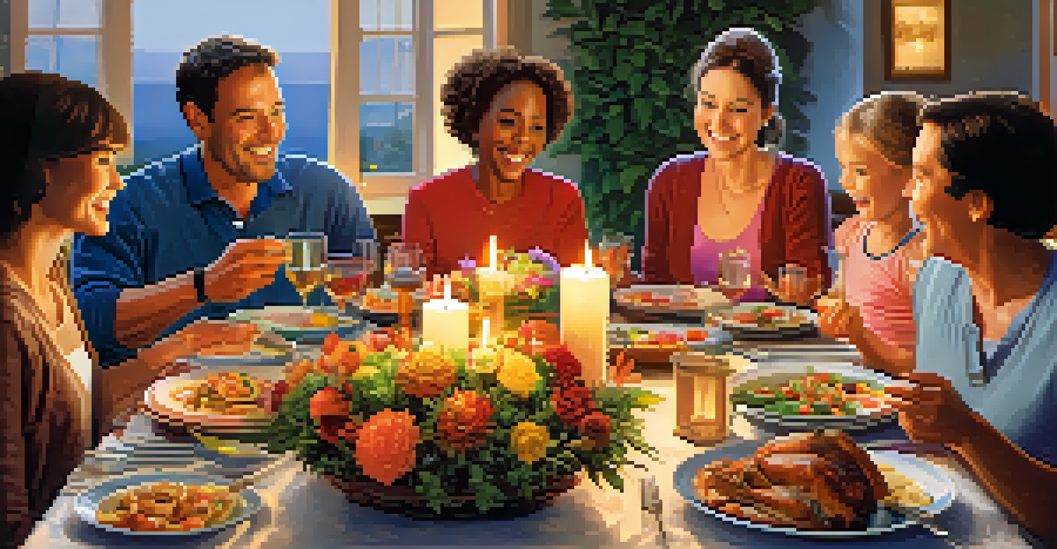 A joyful family enjoying a meal together at a beautifully set dinner table, filled with colorful dishes and candlelight.