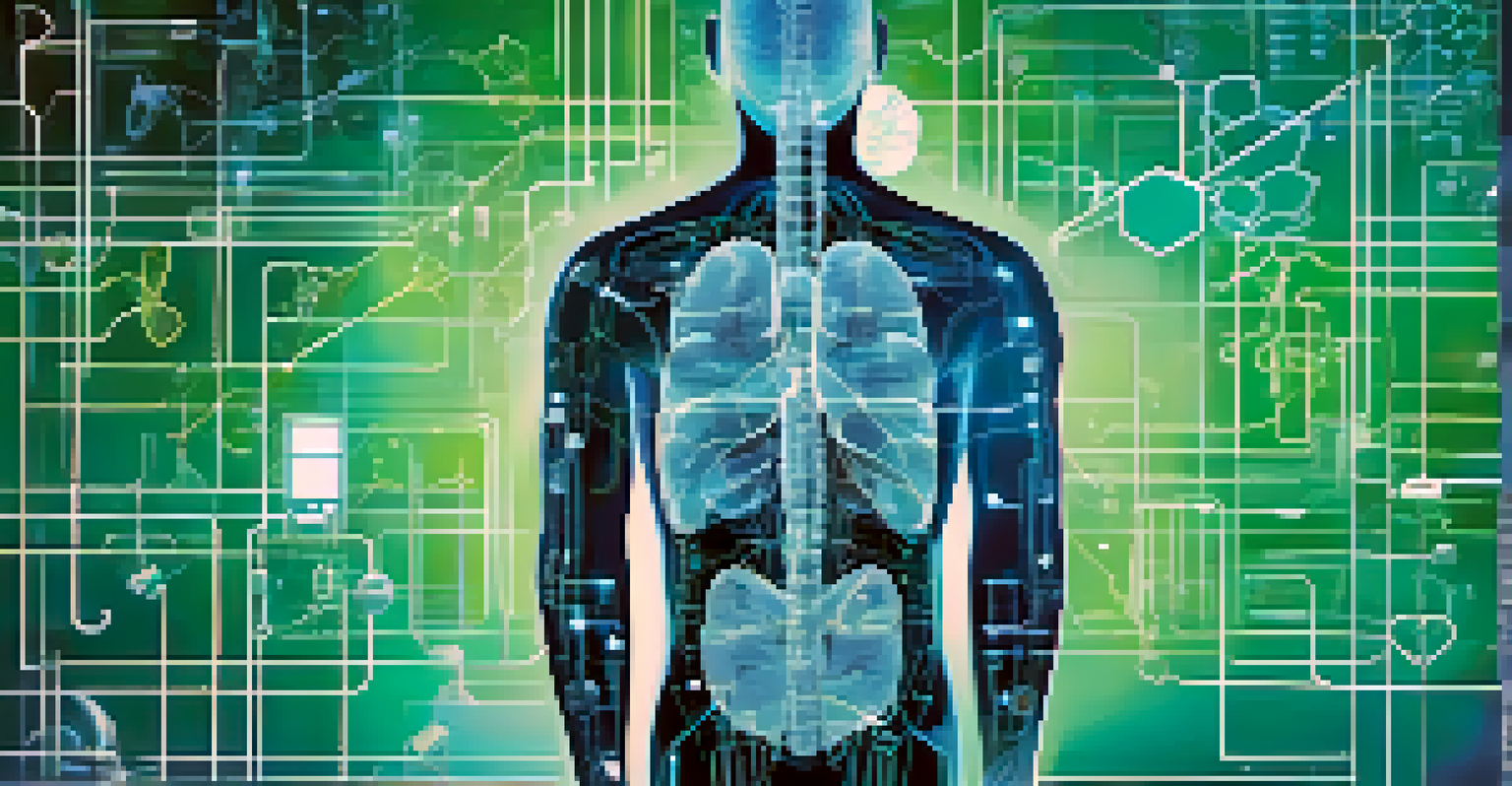 An abstract visualization of AI in healthcare, showcasing neural networks and medical symbols against a blue and green gradient background.