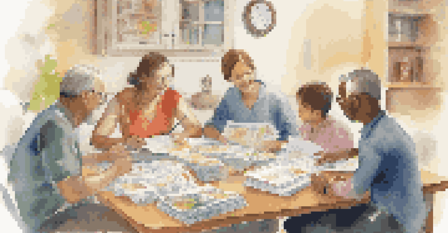 A family discussing health education materials together at a table filled with colorful brochures in a warm setting.