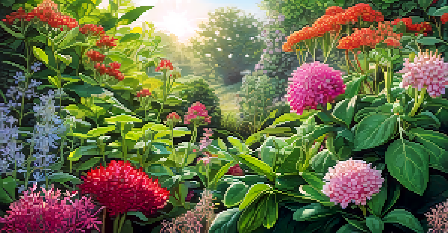 A close-up view of a lush herbal garden with adaptogenic herbs and blooming flowers under sunlight.