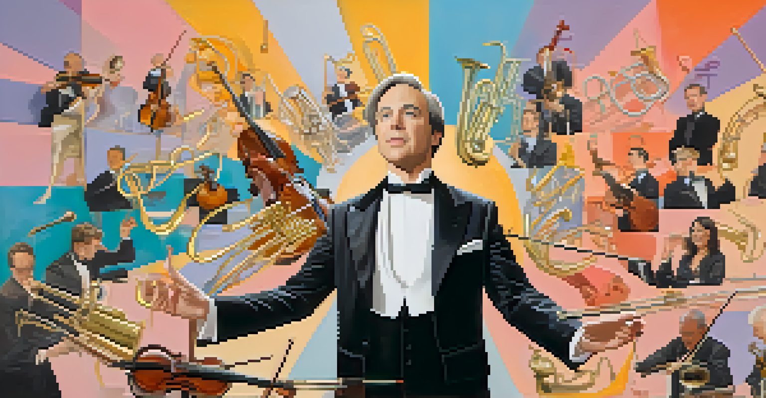 An orchestra conductor symbolizing the connection between gut health and hormones, surrounded by musical instruments and soft pastel colors.