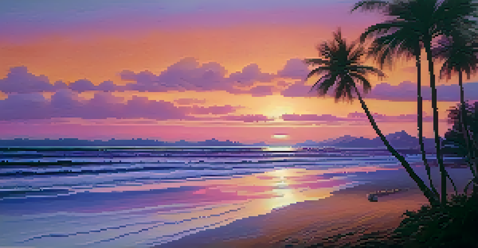A tranquil beach at sunset with colorful skies and palm tree silhouettes, reflecting a peaceful atmosphere.
