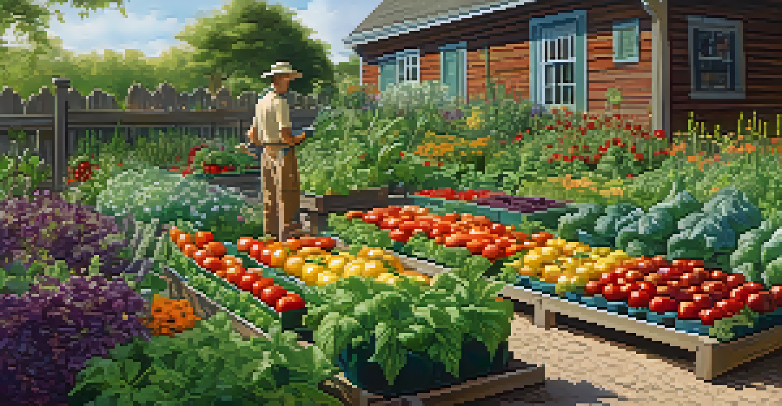 A colorful vegetable garden with various vegetables and a gardener tending to the plants.