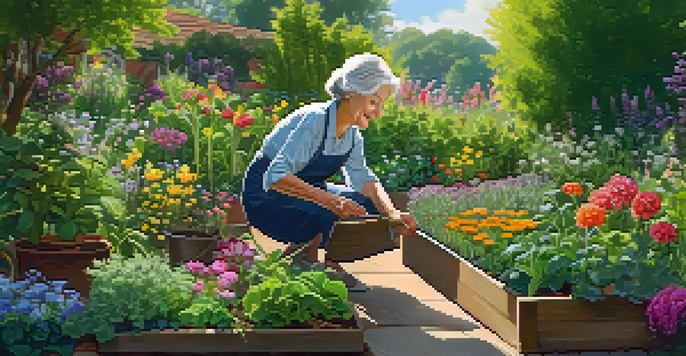 A senior woman kneeling by a raised garden bed filled with herbs and flowers, smiling in a sunlit garden.